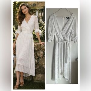 White Wrap Midi Dress Tie Waist Sheer Sleeve Size 14